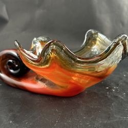 Vintage MCM Art Glass Cornucopia Bowl Red/Orange Swirl  