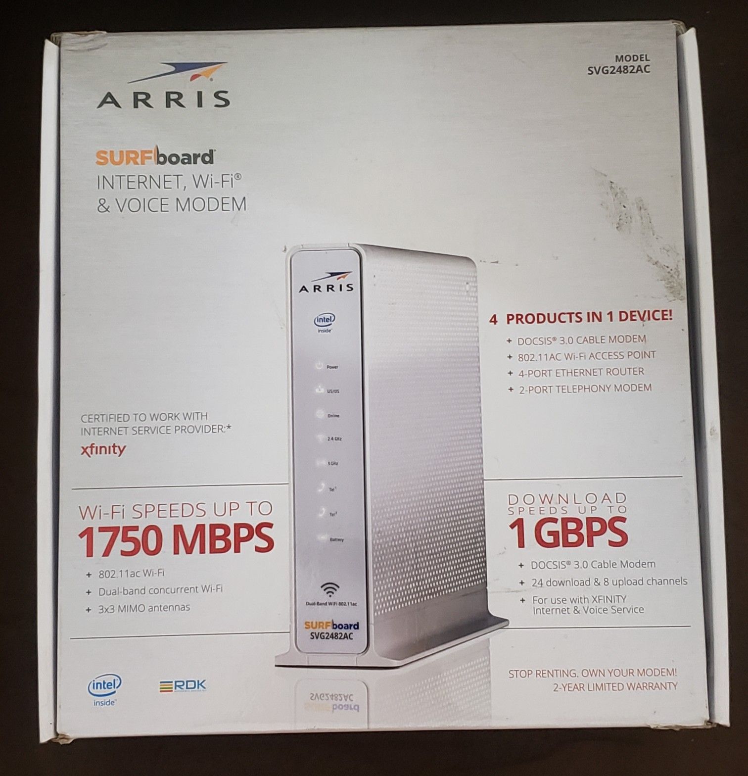 Arris SURFboard SVG2482-AC Wireless Router - (Modem, Wi-Fi, Voice)1750 Mbps - 2.4 GHz / 5 GHz - Gigabit Ethernet - 802.11b/g/n/ac