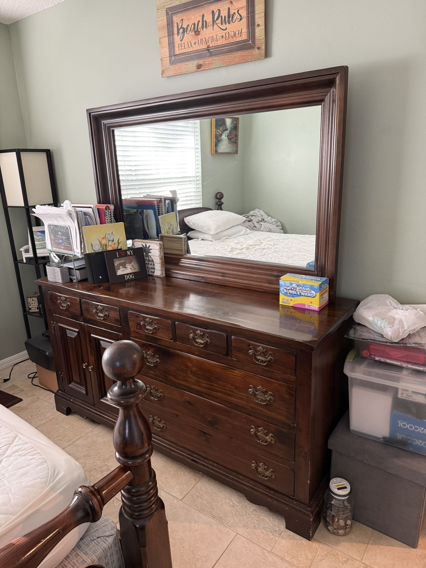 Dresser, Mirror, Matching Bed Frame And Queen Mattress
