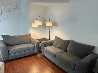 Gray Sleeper Sofa, Matching Loveseat, Arc Lamp & End Table Set