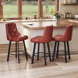 H332-Swivel Barstools Set of 3, 26’’H Modern Counter Height Barstool with Metal Legs,Faux Leather Upholstered Bar stools with Back for Kitchen Island,