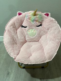 Unicorn Folding Saucer Chair, Faux Fur Plush Seat for Kids Ages 3+, Cozy, Lightweight & Portable