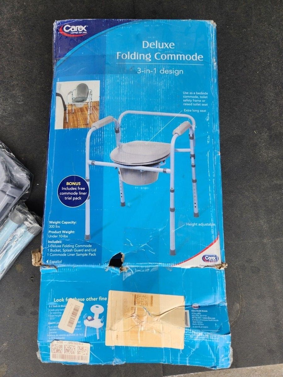 foldable commode - carex
unused
box size : 16x7x22H"