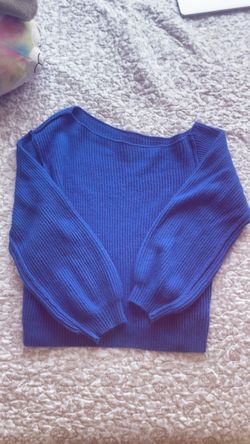 blue off the shoulder knit sweater