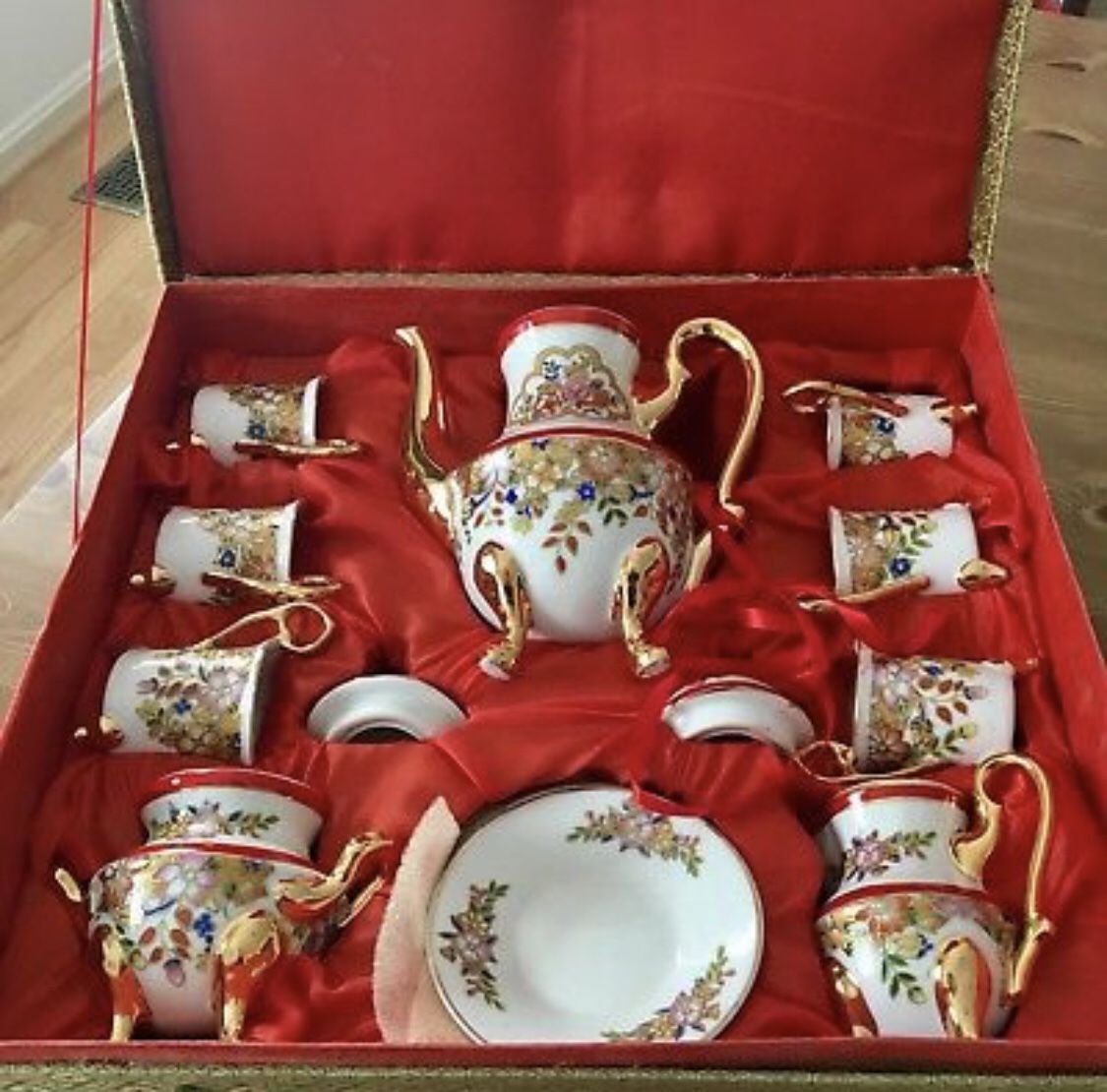 Set of 6 Red White Gold Porcelain "Espresso" Coffee Demitasse Cups Saucers & Pot