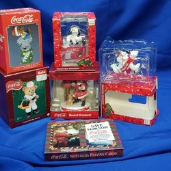 Christmas Coca Cola Time 5 Ornaments & New Deck Of Cards From 1997