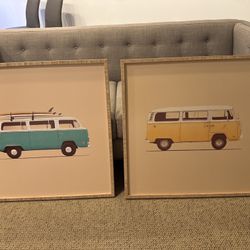 Blue And Yellow Wood Frame Set Of VW Vans