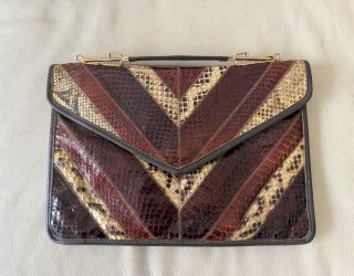 Vintage 70s 80s Patchwork Snakeskin Clutch Bag | Chevron Envelope Exotic Leather Handbag Multi Color Snake Skin Multi-Tone Purse