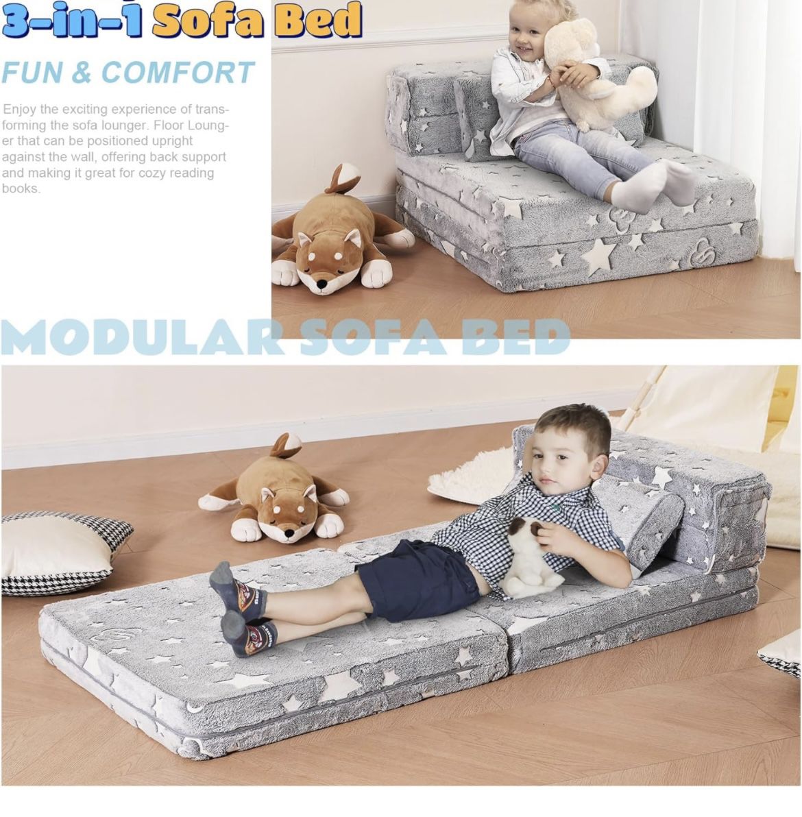 3-in-1 Folding Sofa Bed for Kids,Tri Folding Floor Toddler’s Mattress Fold up Sofa Bed,Child Foldable Futon Mattress,Folding Couch for Kids,Glow in Da