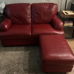 Red Leather Two Seat Couch Ottoman
