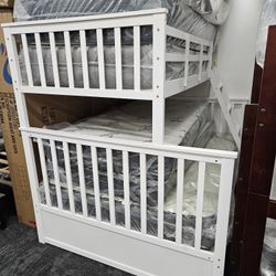Floor Model Clearance Twin Full White Color Bunk Bed Including Mattresses Display Model Only As Is Condition
