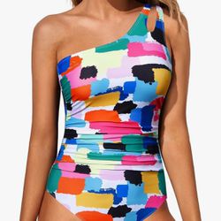 Holipick One Shoulder One Piece Swimsuit for Women Tummy Control Bathing Suits Modest Full Coverage Keyhole Swimwear