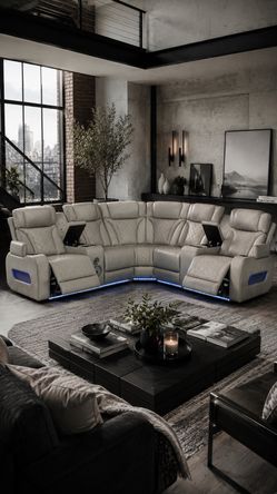 Beige or Black Leather Sectional | Power Reclining Seats | Bluetooth Speakers | LED Lighting