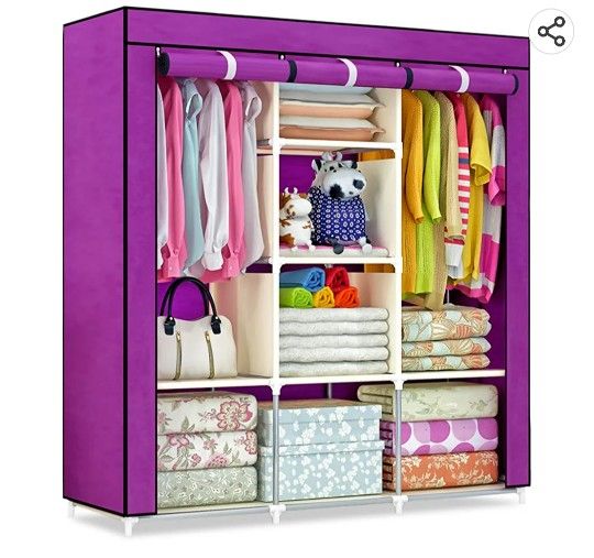 Wardrobe Closet, 47 Inch Clothes Storage Organizer Rack Shelves, Non-Woven Fabric Cover Standing Closet with 2 Hanging Rods, Durable,
