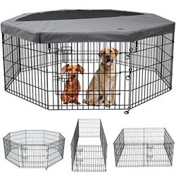 PETIME Foldable Metal Dog Exercise Pen/Pet Puppy Playpen Kennels Yard Fence Indoor/Outdoor 8 Panel 24" W x 30" H with Top Cover (with top Cover, 8 Pan