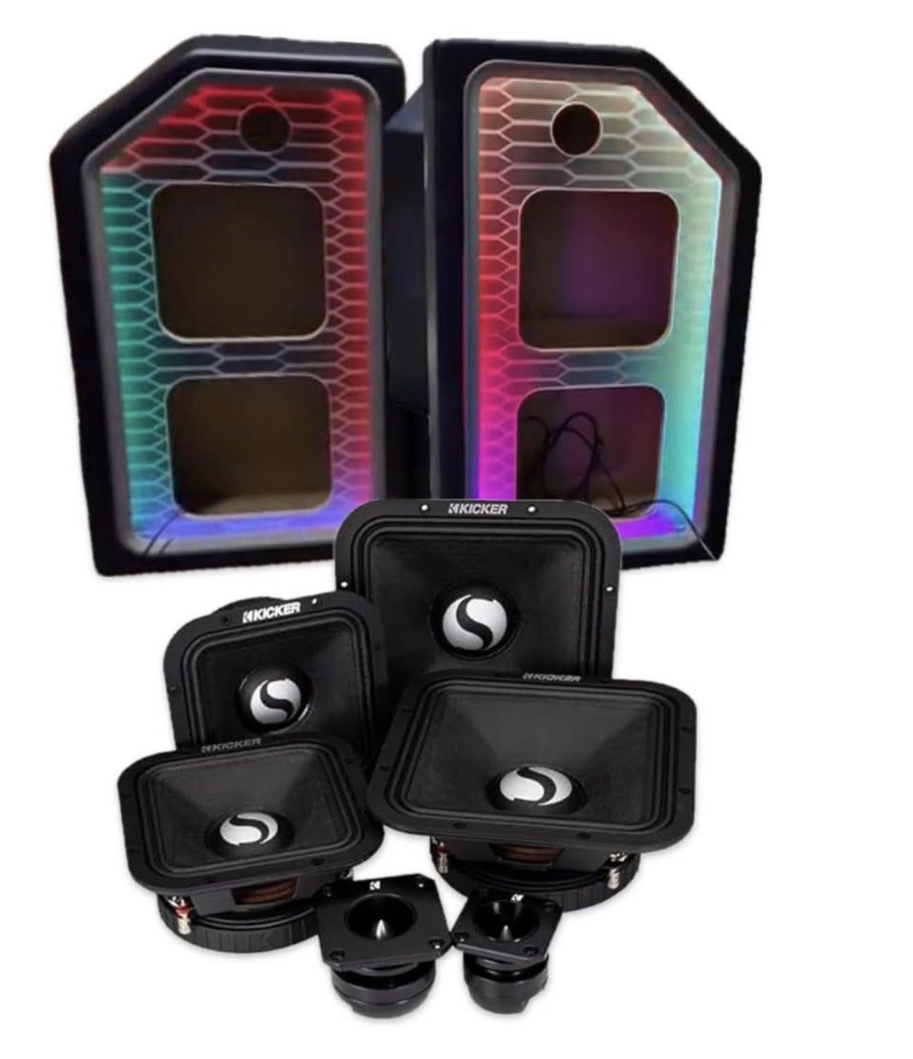 NEW CUSTOM SPEAKERS BOXES RGB LIGHTS WITH KICKER ST MIDRANGE SPEAKERS TWEETERS