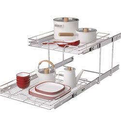 2 Tier Pull Out Cabinet Organizer (21.5" W x 18" D), Pull Out Shelves for Kitchen