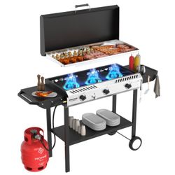 ROVSUN 3 Burner Outdoor Propane Gas Stove & Griddle Combo with Ignition, 225,000 BTU Powerful Stand Cooker for Backyard Patio Cooking Home Brewing