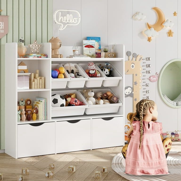 Kids Bookcase with 6 Storage Bins, Multi-Purpose Toy Organizers Bookshelf with 3 Drawers for Bedroom Nursery Playroom, White