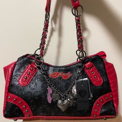 Ed Hardy Black Red Satchel Skull Embossed Croc Trim Cheetah Lined Handbag NWT
