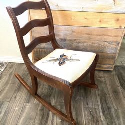 Wonderful Vintage Nursery/Sewing Rocking Chair Recovered with Hand Stitched Needlepoint Bird Tapestry  In good but vintage condition including scratch