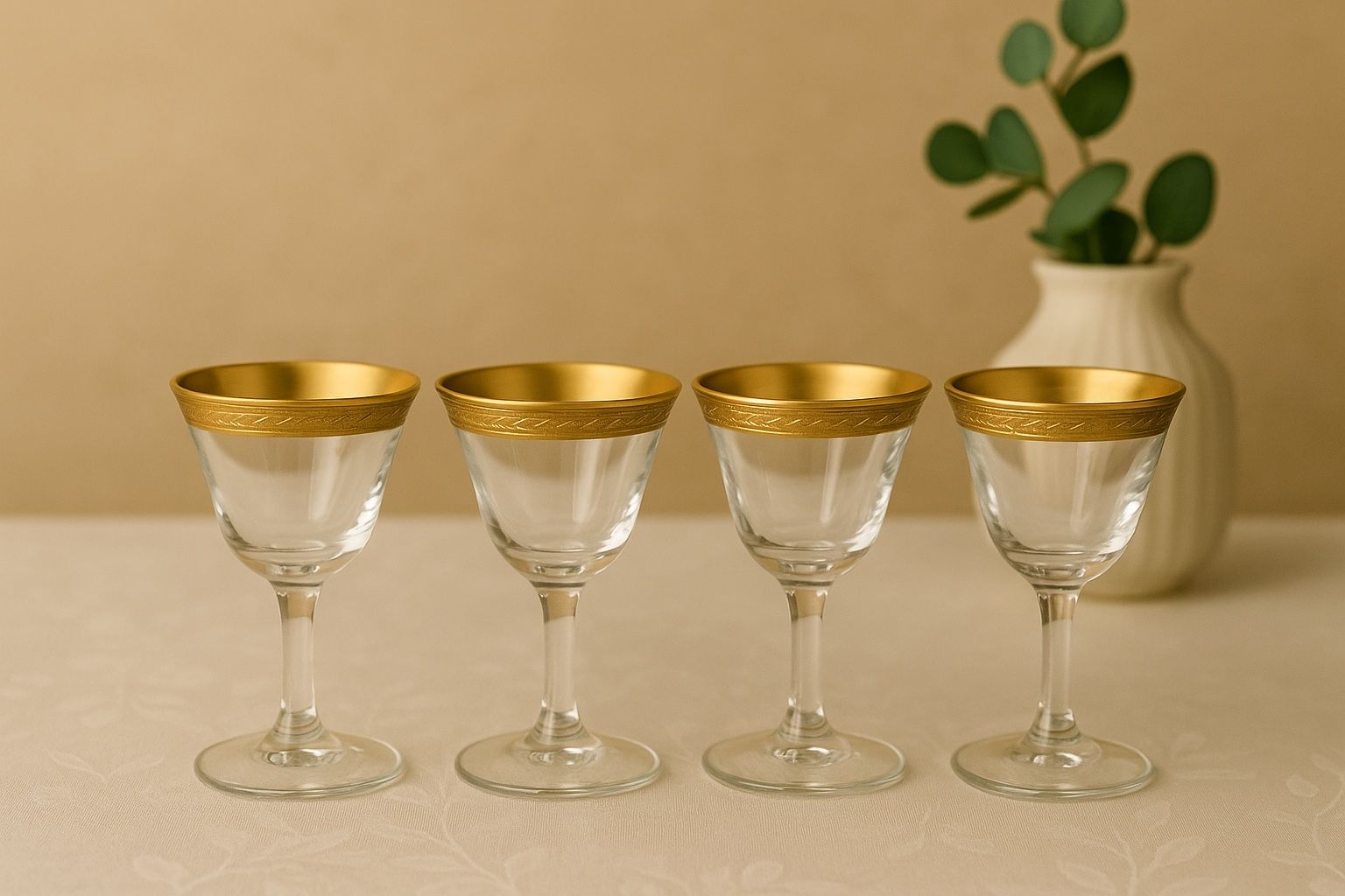 Tiffin Franciscan 1960s Laurel 4 Gold Encrusted Rim Cordial Glasses, 2x3.5”