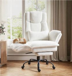 Comfy White Sherpa Office Chair w/ Footrest & Lumbar Pillow