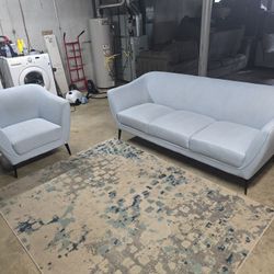 Mid-Century Modern Light Blue Sofa and Chair