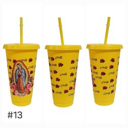 Virgen De Guadalupe Plastic Cup Tumbler 24 oz UV DTF Design Yellow With Straw