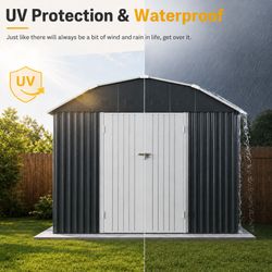 10 ft x 12 ft Outdoor Metal Storage Shed with Arch Roof with Lockable Doors for Backyard Garden Patio Lawn, Black