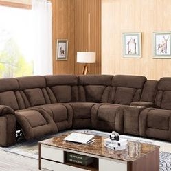 Brand New Brown Or Biege Padded Fabric Manual Reclining Corner Sectional