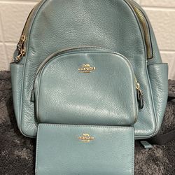 Blueish Green Pebbled Leather coach Backpack & Wallet