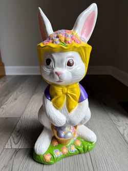 Vintage  Excellent condition  15” tall From a smoke free and pet free home   Hand-painted ceramic figurine is a white Easter bunny wearing a purple ja