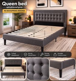 QUEEN BED  UPHOLSTERED GRAY. NO BOXSPRING NEEDED