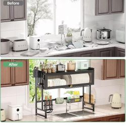 Over The Sink Dish Drying Rack, Dish Drainer Rack for Kitchen Counter with Semi-Clear Cover and Supplies Storage Holders 29.53inch