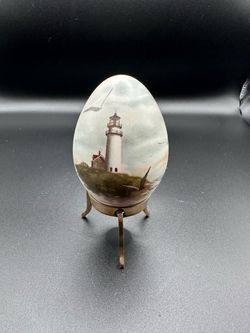 Hand Painted Porcelain Egg Lighthouse Artwork Signed Patchell Olson Brass Stand