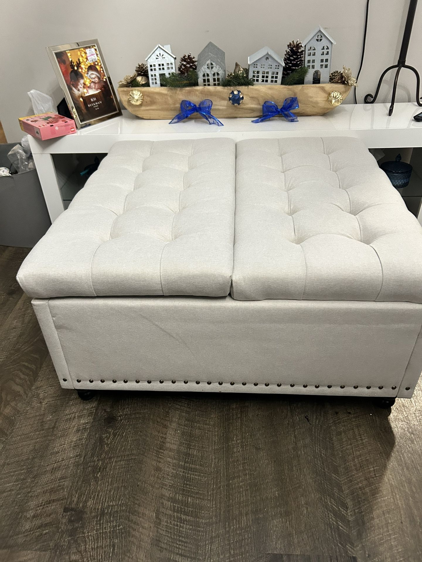 Tbfit Large Square Storage Ottoman Bench, Tufted Upholstered Coffee Table Ottoman with Storage, Over
