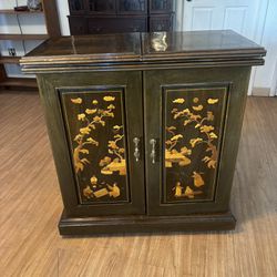 Rosewood Asian Style Bar Cabinet On Wheels With Heavy Marble Inset