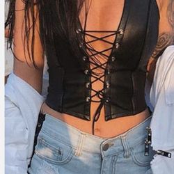 LARGE Women Punk Sleeveless Crop Top V-Neck Backless Hollow Vest Faux Leather for Lace-Up Party Clubw