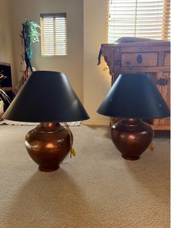 Matching Hammered Copper Table Lamps with Black Shades – Rustic Southwest/Tuscan Decor (Pair)