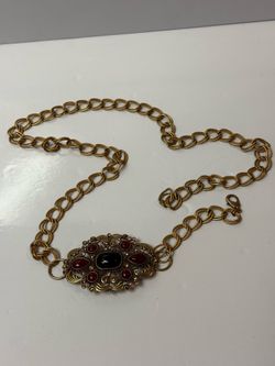 VINTAGE Chico's Gold Tone Large Beaded Cabochon Buckle Adjustable Chain Belt