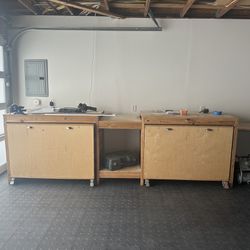 Wood Workbench With Roll Out Workbenches For Table Saw And Router