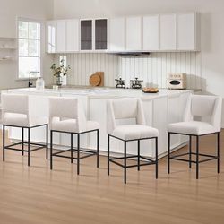 0512d Upholstered Counter Height Stools, White Boucle Bar Stools with Metal Legs and Open Back, 26’’ Counter High Chairs for Kitchen Island, Home Pub,