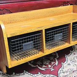 Brown Oak Wall Mounted Hanging Coat Rack With 3 Baskets Shelves Display Stand Storage Compartment Top Shelf