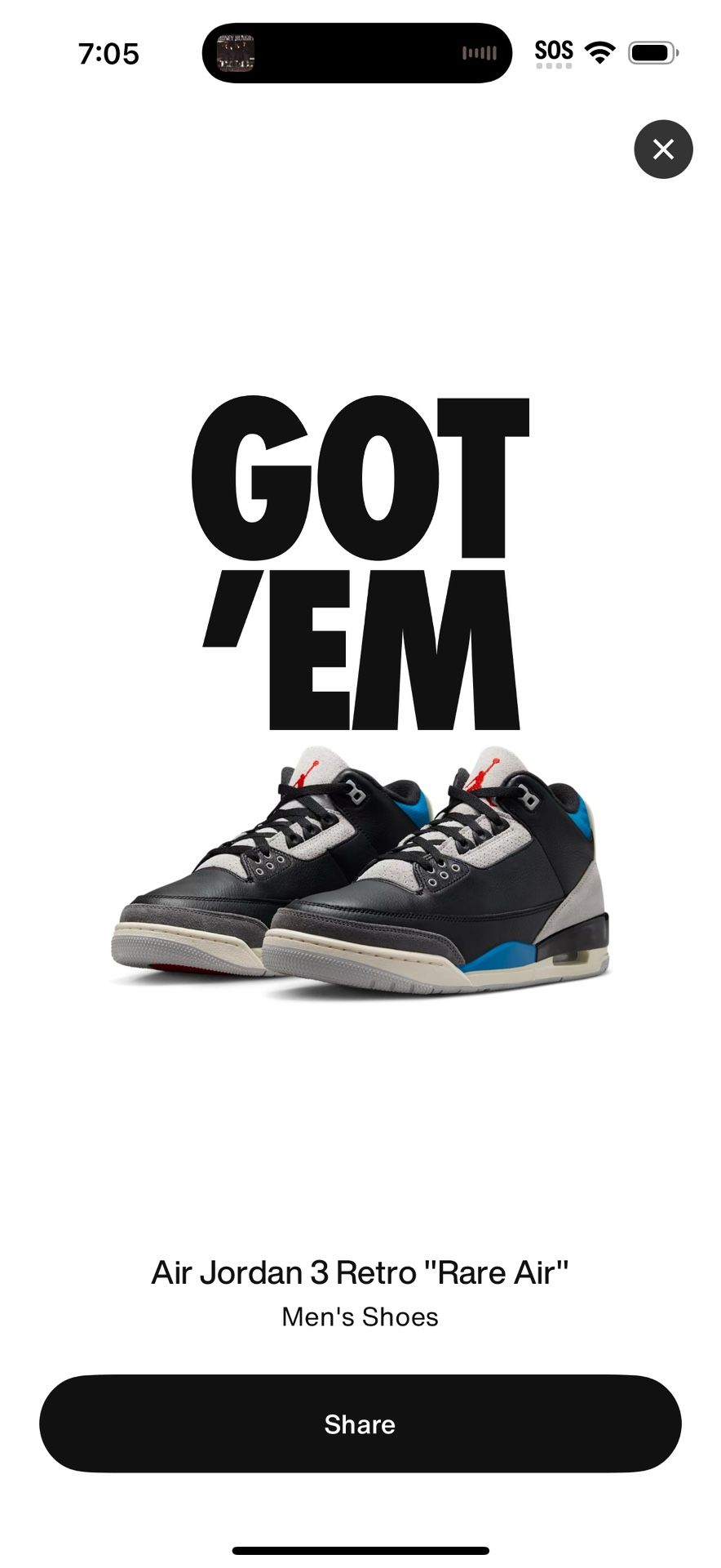 Jordan 3 Rare Air Size 12 1/2 $250