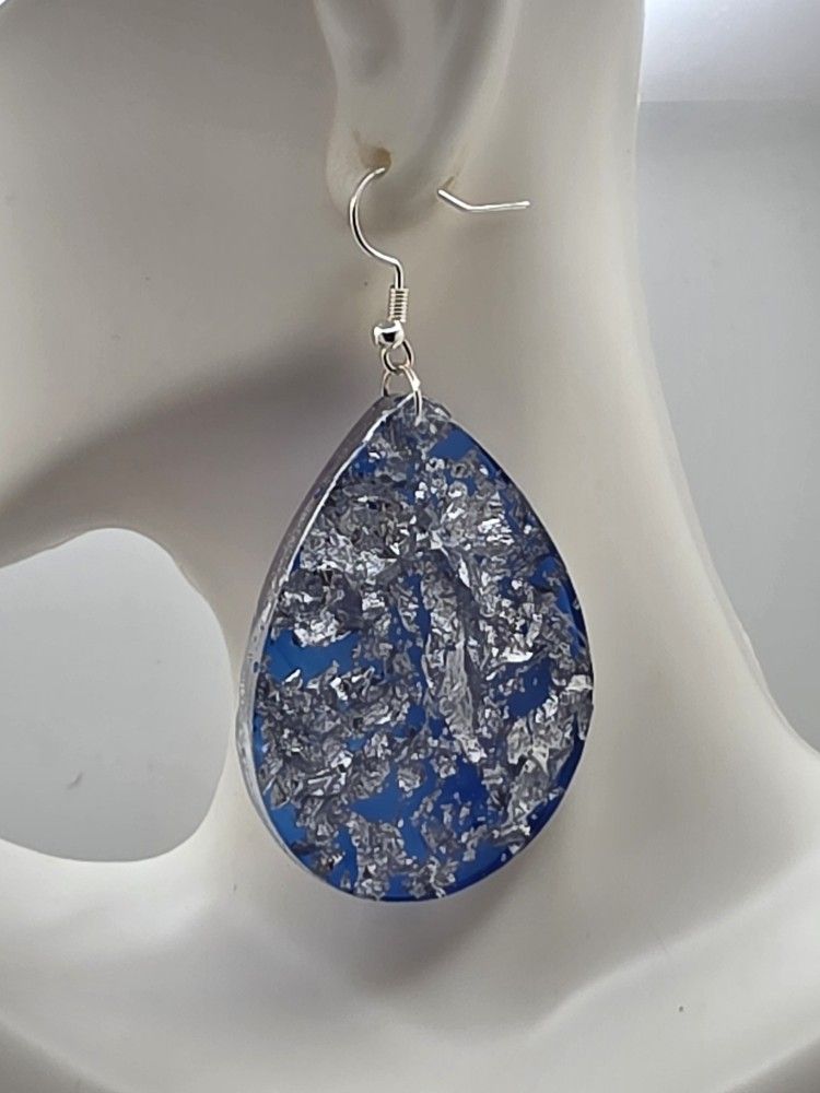 Large Blue and Silver Teardrop Earrings 