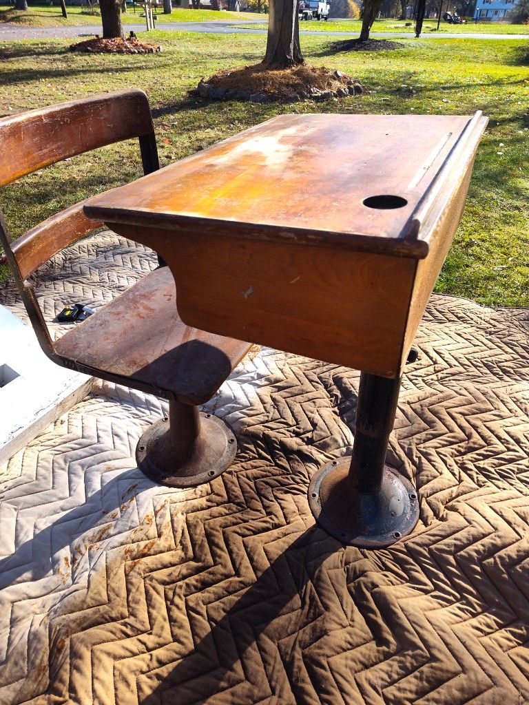 Early 1900s Cast Iron & Maple School Desk 2 Pieces.