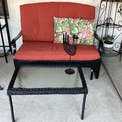 Metal Glider Bench With Two Cushions 5” Thick  Two Decorative Pillows And Glass Coffee Table $175 