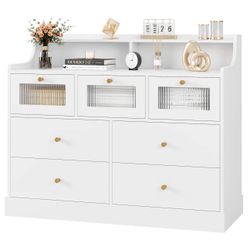 L 44.25” x W15.75”x H35.25”7 Drawer Dresser for Befroom modern wooden storage cabinet with 3D frosted glass for Living Room，white