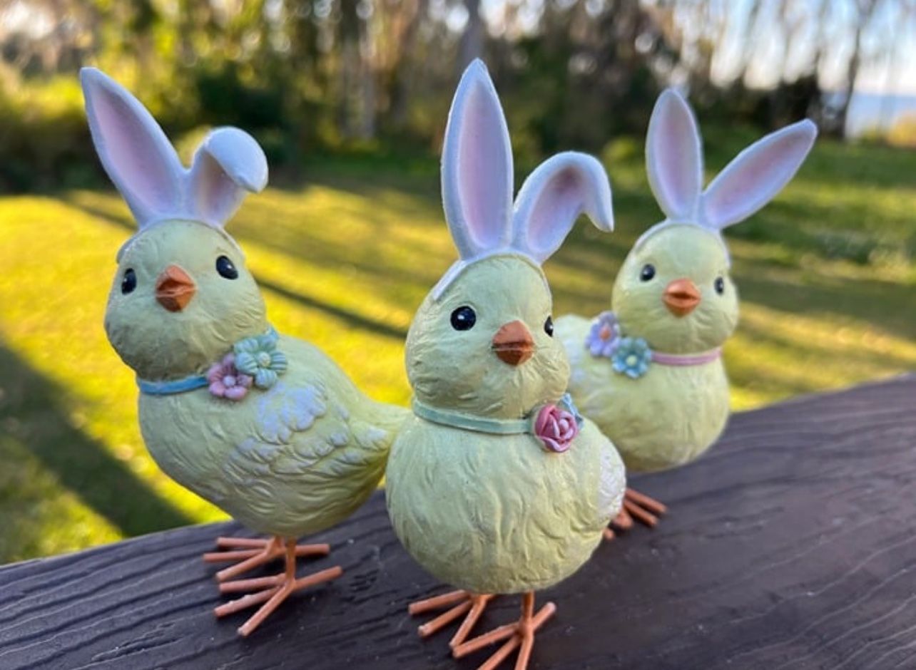 Resin Chicks With Bunny Ears Set of 3 Seasonal Decor 5.5 Inch Easter Decoration